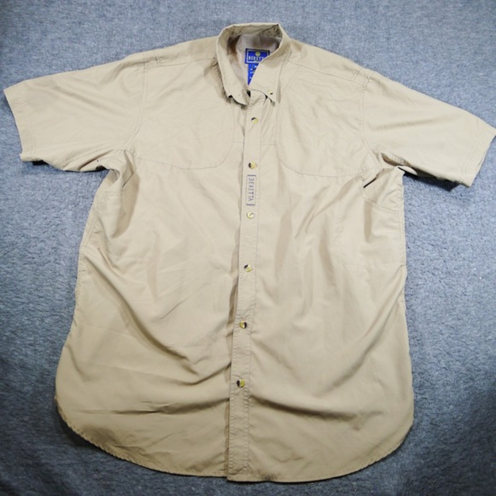 Beretta Shooting Shirt Mens XL Tan Short Sleeve Ripstop Vented Light Staining‎